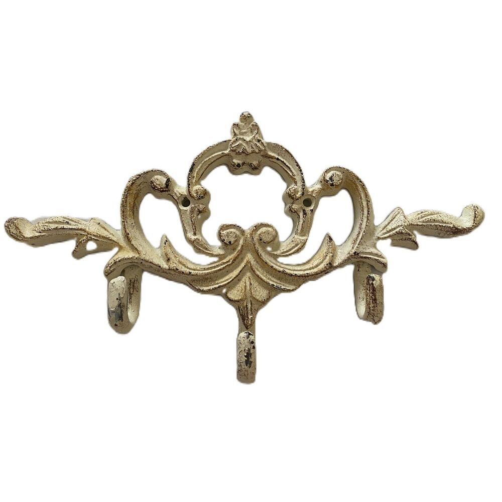 VTG Ornate Iron Hall Tree Hook White Distressed Finish Vintage Decor